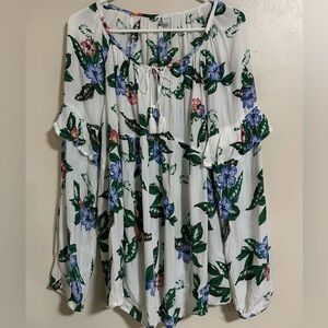 Old Navy Boho Women's XL Tassel Tie White Floral Long Sleeve Swing Top Pre-owned